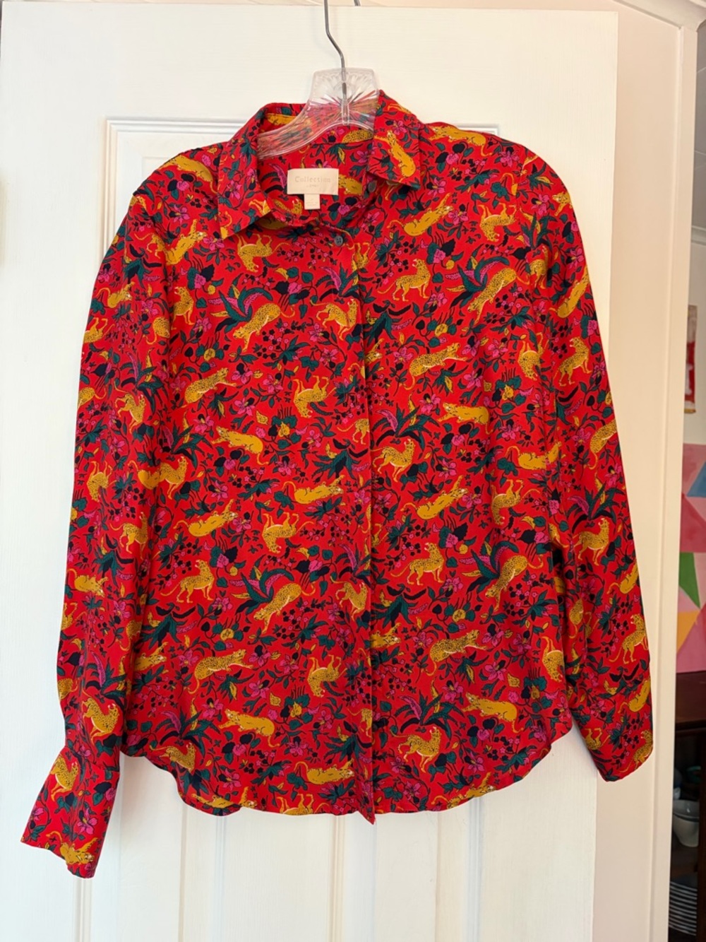 J. Crew Red Floral & Yellow Cheetah Print Button-Up Blouse
